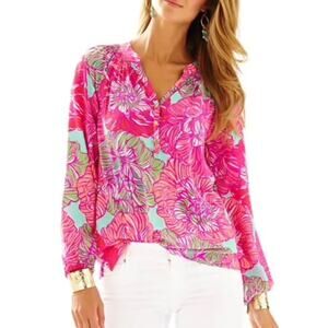 Lilly Pulitzer Elsa Silk Worth It Pop Over Peasant Blouse Women’s Large NEW